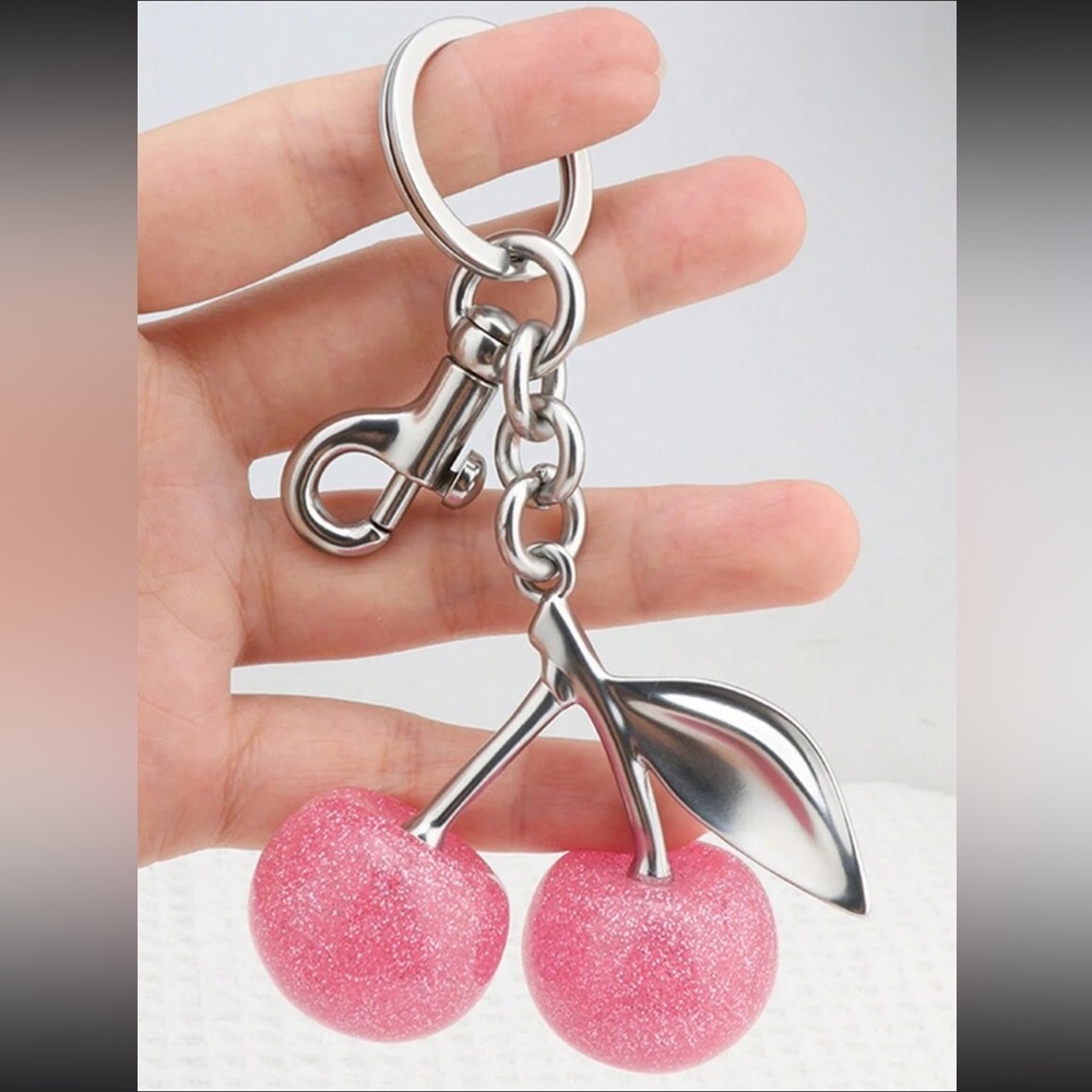 Sparkling Pink Cherry Bag Charm Keychain with silver hardware NWT